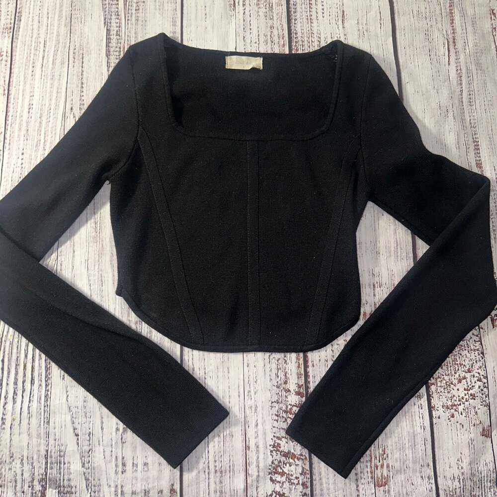 Altar'd State Baddie Long Sleeve Square Neck Corset Style Knit Top-S